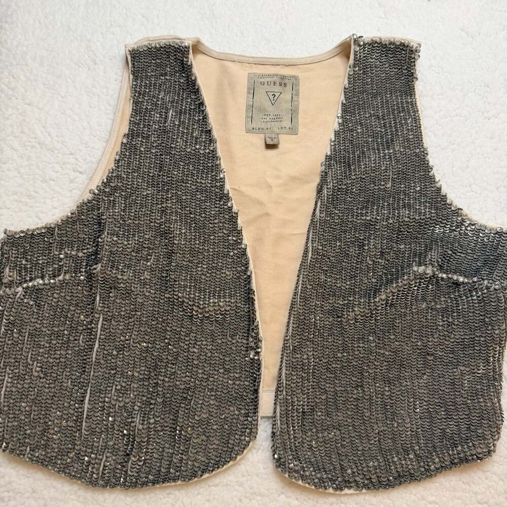 Vintage Guess Sequin Vest Size M Silver Open Front